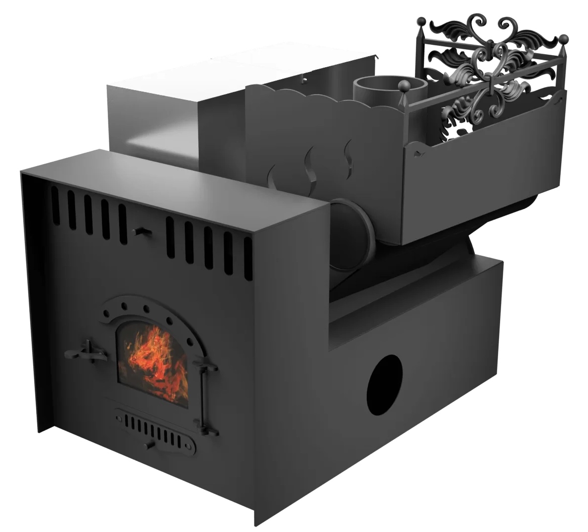 Печь Горыныч 3, каменка с правой стороны, малая дверь со стеклом, система воздушного отопления с порталом фото в Уфе Печь Горыныч 3, каменка с правой стороны, малая дверь со стеклом, система воздушного отопления с порталом фото в Уфе