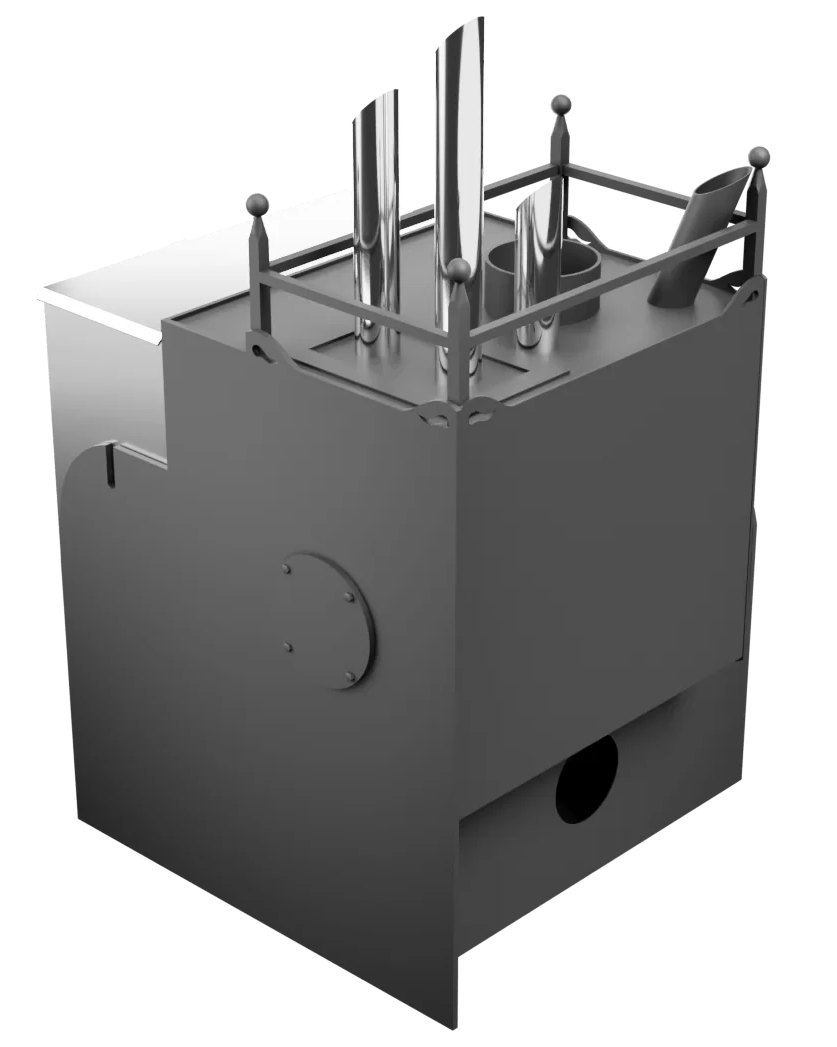 Печь Горыныч Мини, каменка закрытая с парогенератором с левой стороны, система воздушного отопления фото в Уфе Печь Горыныч Мини, каменка закрытая с парогенератором с левой стороны, система воздушного отопления фото в Уфе