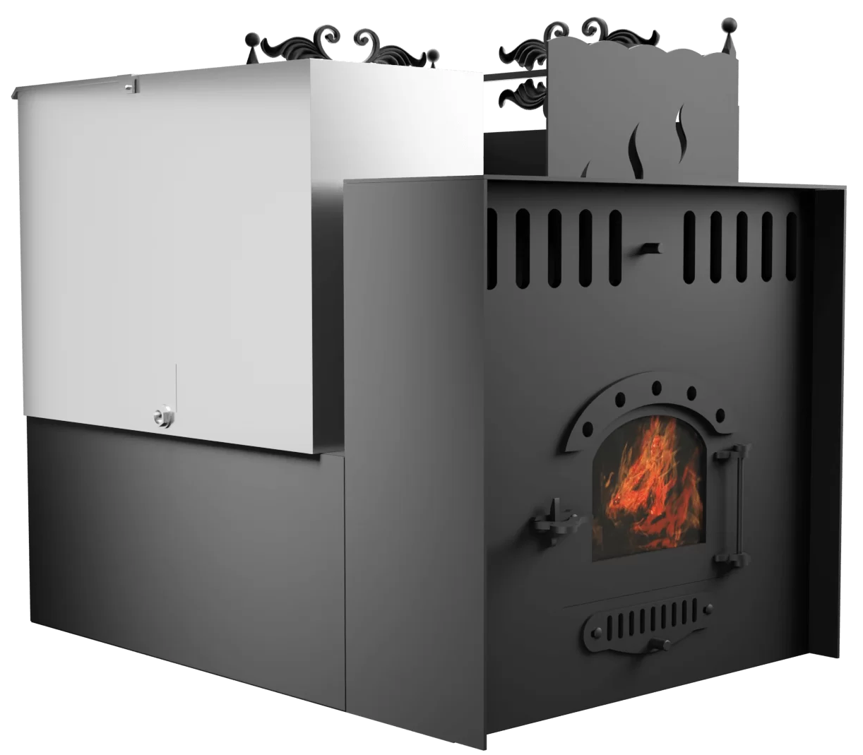 Печь Горыныч 3, каменка с правой стороны, малая дверь со стеклом, система воздушного отопления с порталом фото в Уфе Печь Горыныч 3, каменка с правой стороны, малая дверь со стеклом, система воздушного отопления с порталом фото в Уфе