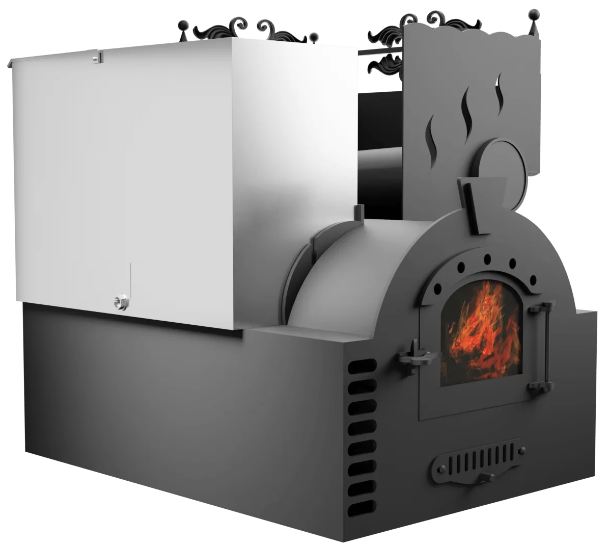 Печь Горыныч 3, каменка с правой стороны, малая дверь со стеклом, система воздушного отопления фото в Уфе Печь Горыныч 3, каменка с правой стороны, малая дверь со стеклом, система воздушного отопления фото в Уфе