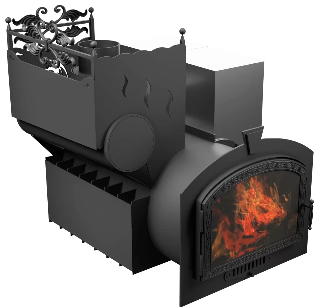 Печь Горыныч 3 с конвекцией, каменка с левой стороны, большая дверь со стеклом фото в Уфе Печь Горыныч 3 с конвекцией, каменка с левой стороны, большая дверь со стеклом фото в Уфе