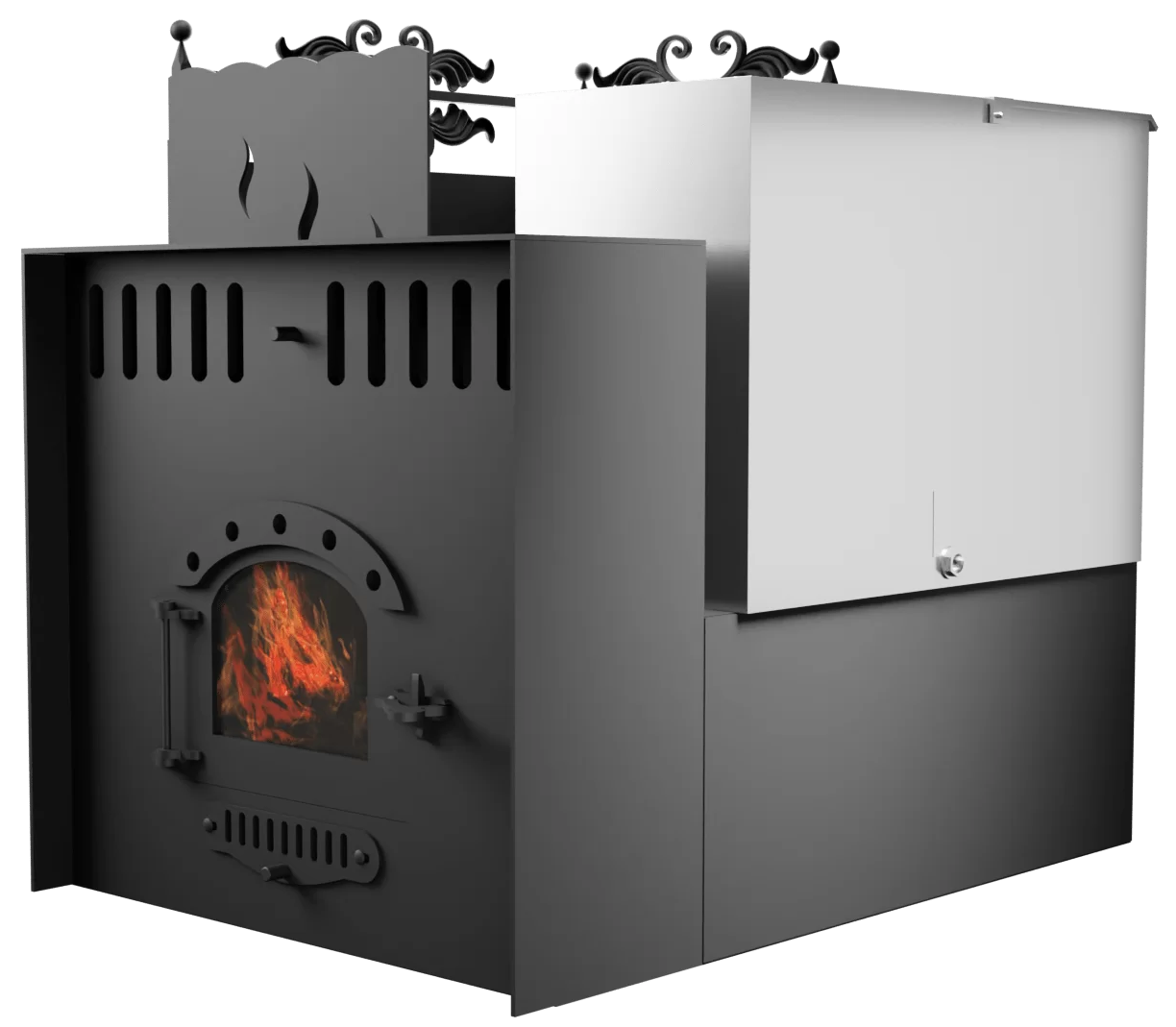 Печь Горыныч 3, каменка с левой стороны, малая дверь со стеклом, система воздушного отопления с порталом фото в Уфе Печь Горыныч 3, каменка с левой стороны, малая дверь со стеклом, система воздушного отопления с порталом фото в Уфе